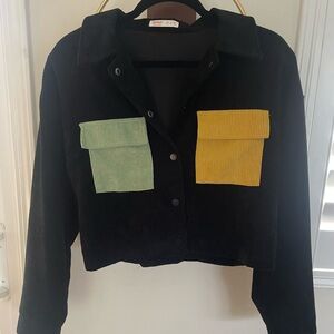 ROMWE Black Corduroy Blazer with Green and Yellow Pockets